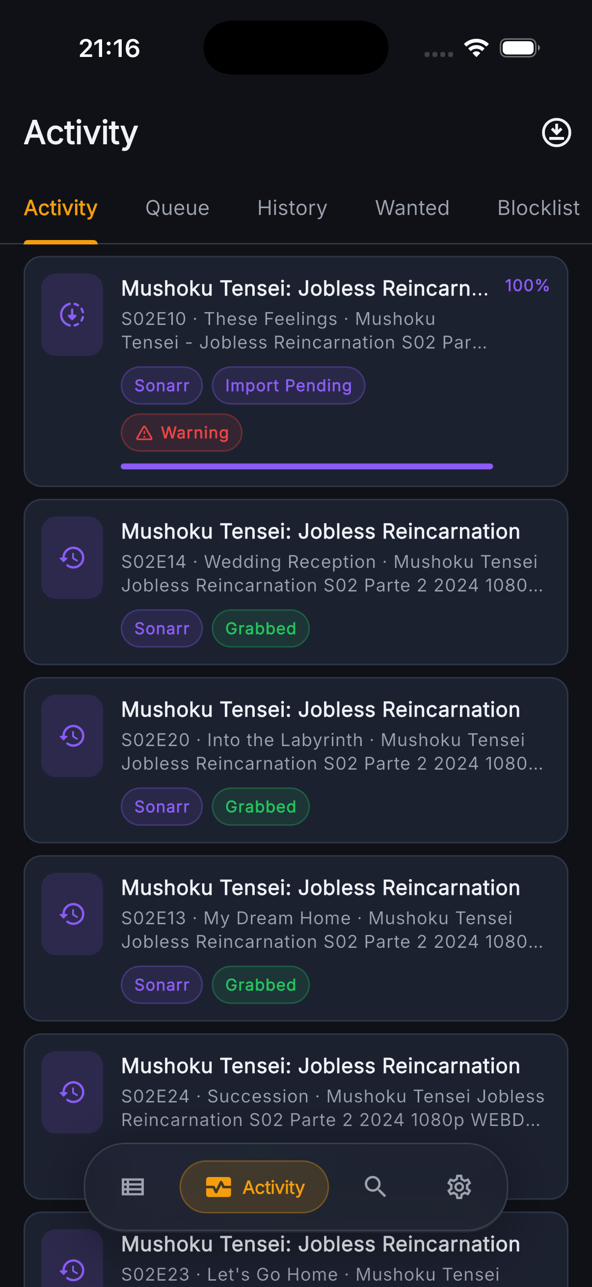 Seekarr activity — queue and history